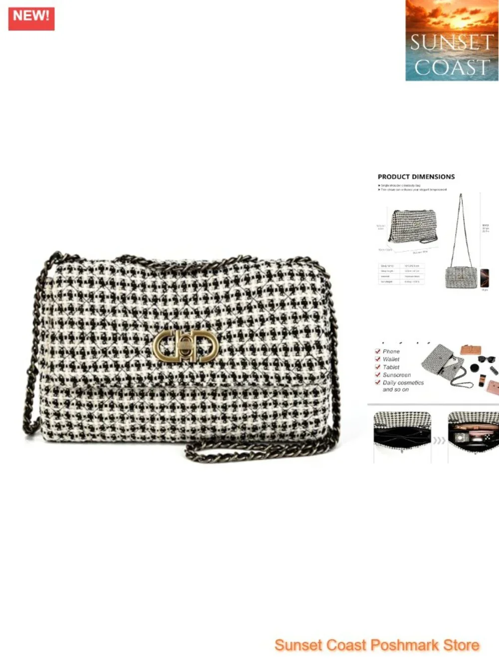 Tweed Quilted Crossbody Bag with Leather Chain, Evening Clutch for Weddings